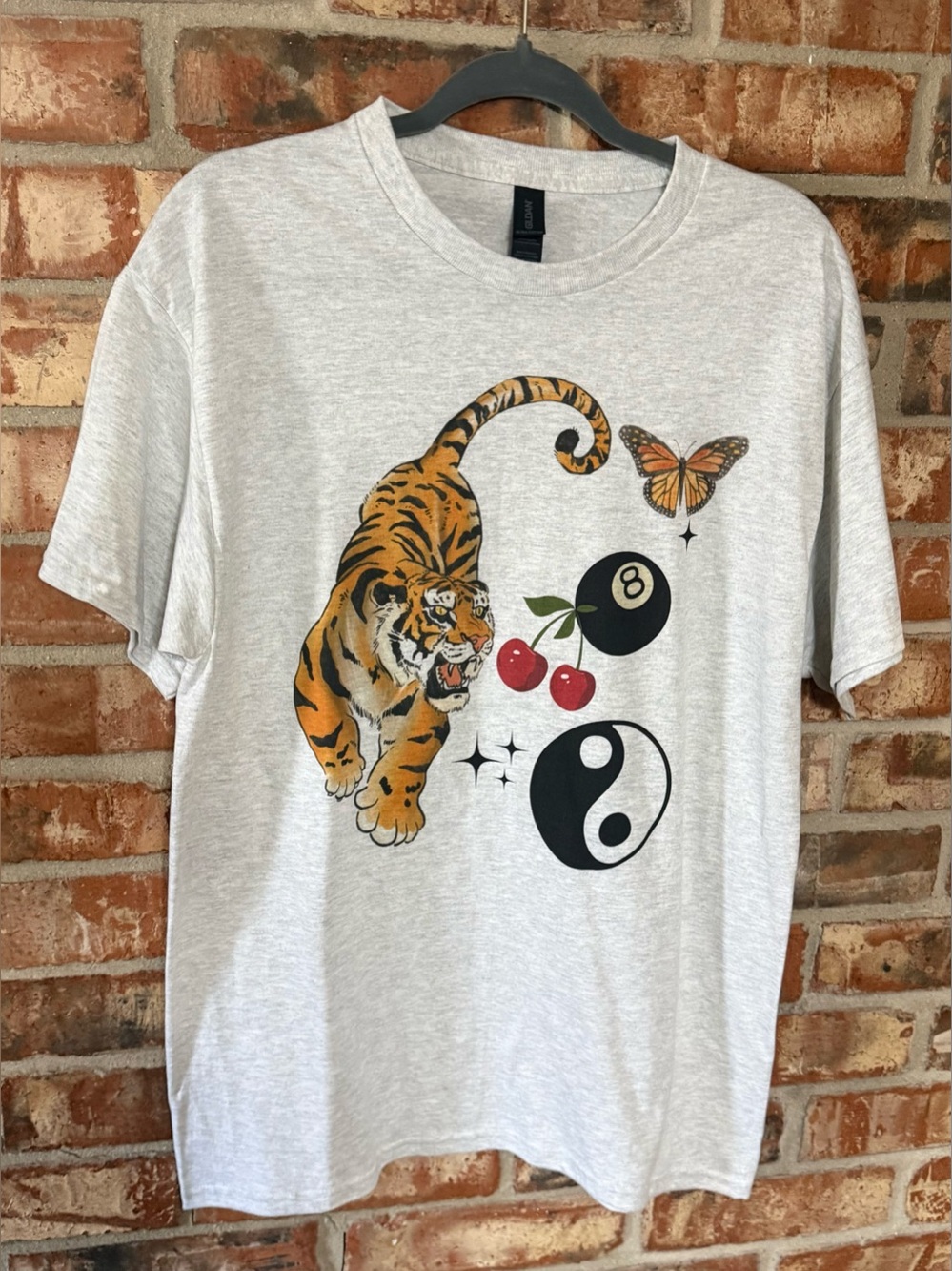 Gildan Light Gray Tee with Tiger, Butterfly, Cherries & Yin Yang Graphics